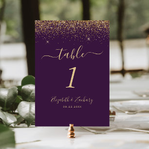 Moderne Dunkle Lila Gold Glitzer Edge Wedding Tischnummer