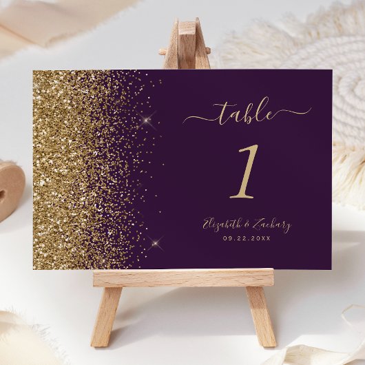 Moderne Dunkle Lila Gold Glitzer Edge Wedding Tischnummer