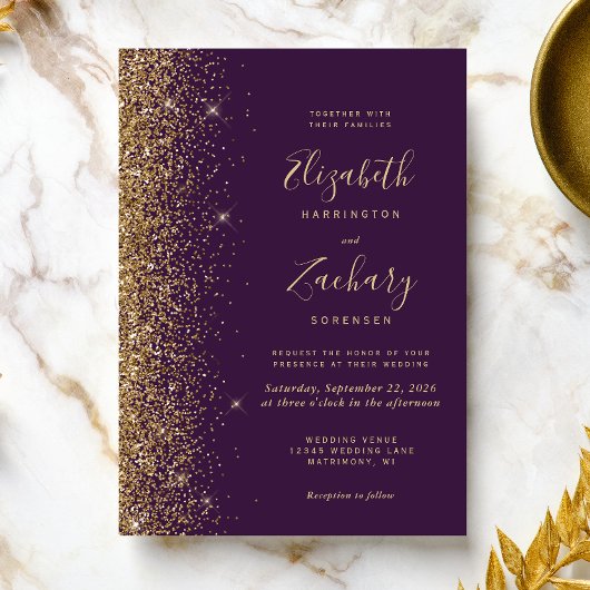 Moderne Dunkle Lila Gold Imitate Glitzer Edge Wedd Einladung