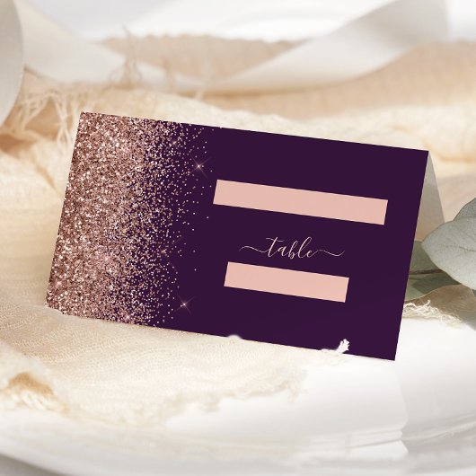Moderne Dunkle Lila Rose Gold Glitzer Hochzeit Platzkarte