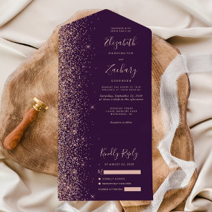 Moderne dunkle lila Rosen-Gold-Glitter-Hochzeit All In One Einladung