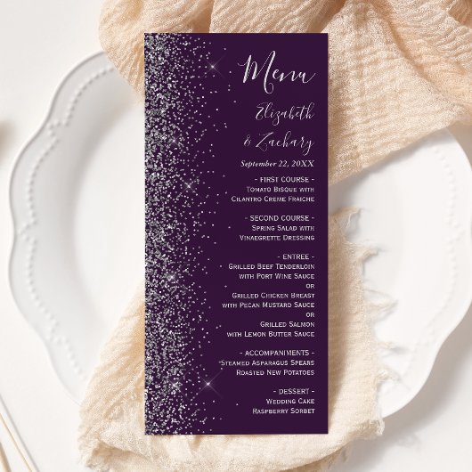 Moderne, dunkle Lila Silber Glitzer Edge Wedding Menükarte