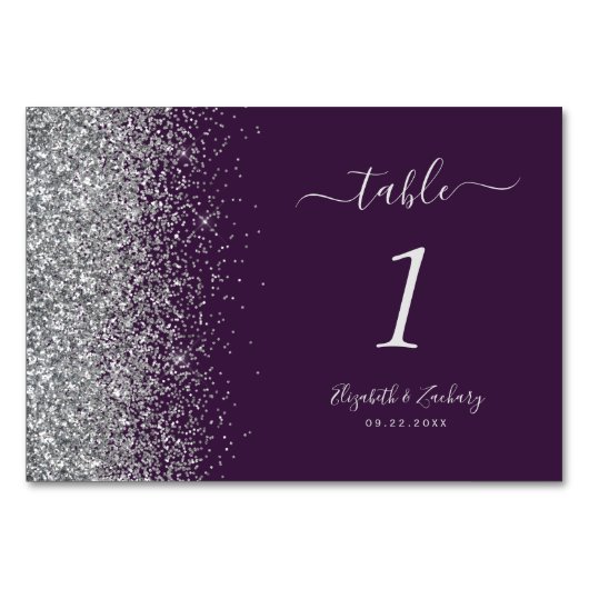 Moderne, dunkle Lila Silber Glitzer Edge Wedding Tischnummer (Rückseite)