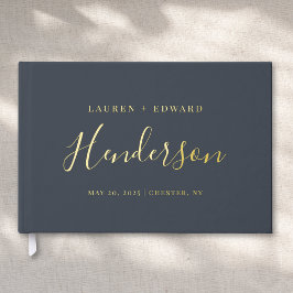 Moderne Dunkle Marine und Gold Familienname Hochze Gästebuch