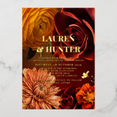 Moderne dunkle Moody Sunset Floral Wedding Gold Folieneinladung (Vorderseite)
