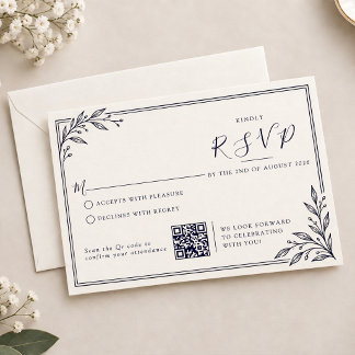 Moderne dunkle Navy-Blattrand-QR-Code-Hochzeit RSVP Karte