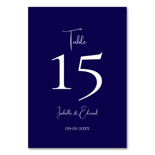 Moderne dunkle Navy White Script Hochzeitsempfehlu Tischnummer (Vorderseite)