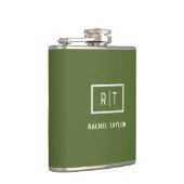 Moderne dunkle Olivgrün-Monogramm Flachmann (Rechts)