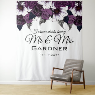 Moderne dunkle Pflaume und weißes Blumenband Wandteppich