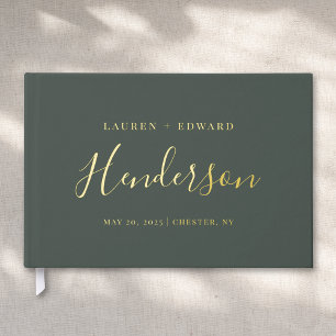 Moderne dunkle Sage und Gold Familienname Hochzeit Gästebuch