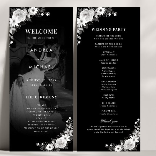 Moderne dunkle verblichene Foto Gothic Floral Wedd Programm