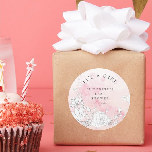 Moderne Dusche mit Blütenbaby Es ist ein Mädchen Runder Aufkleber (Party)