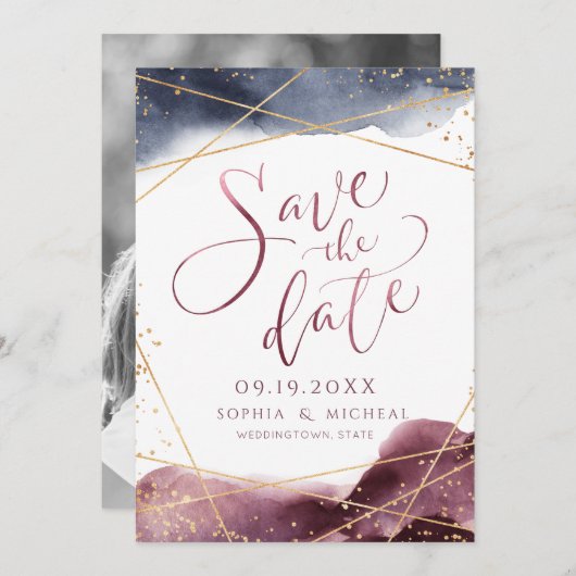 Moderne Dusk Wasserfarbe Geometrische Kalligrafie Save The Date (Vorne/Hinten)