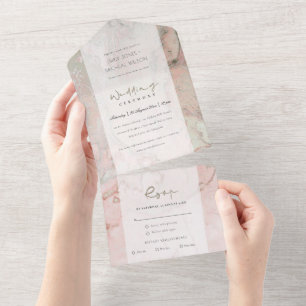 MODERNE DUSKY BLUSH ROSA ROSÉGOLDENE AGAT HOCHZEIT ALL IN ONE EINLADUNG