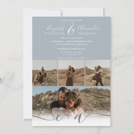 Moderne dustig blaue 5 Fotos Drehbuch Hochzeit Einladung (Vorderseite)