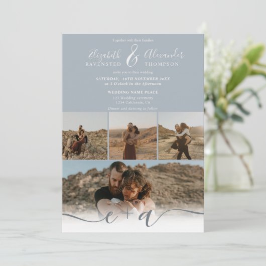 Moderne dustig blaue 5 Fotos Drehbuch Hochzeit Einladung (Stehend Vorderseite)