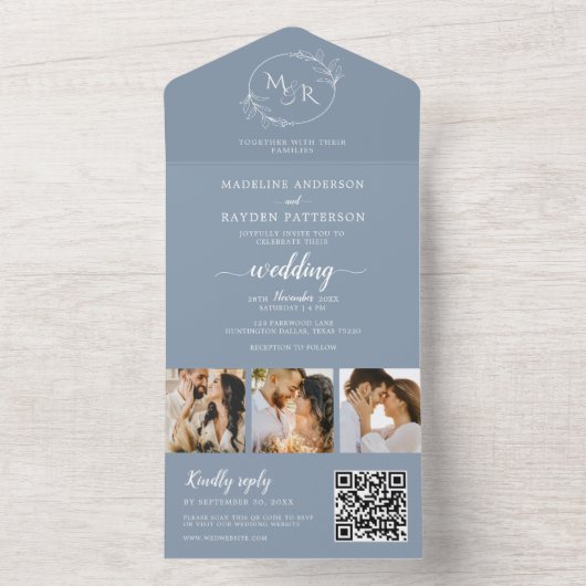 Moderne Dusty Blue 3 Foto Blumenzeremonie All In One Einladung (Innen Boden)