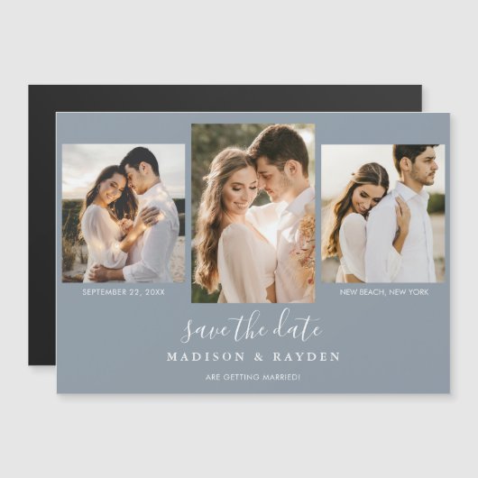Moderne Dusty Blue 3 Foto Hochzeit retten das Datu Magneteinladung (Vorne/Hinten)