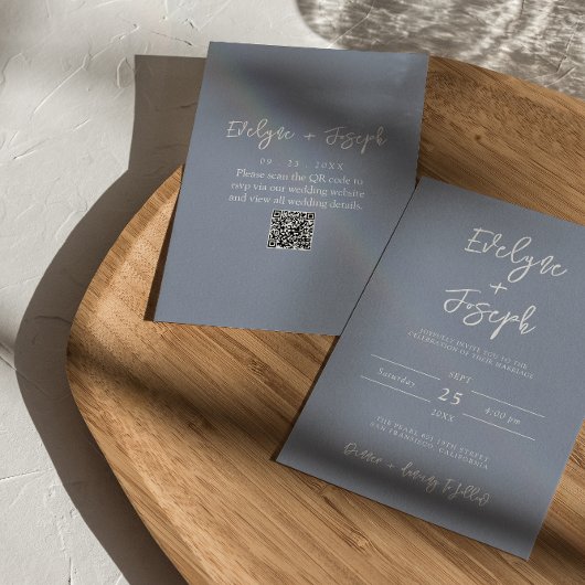 Moderne Dusty Blue Elegant Boho QR Code Wedding Einladung