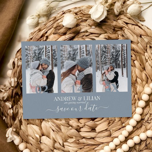 Moderne dusty Blue Foto Collage Monogram Wedding Save The Date