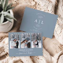 Moderne dusty Blue Foto Collage Monogram Wedding Save The Date