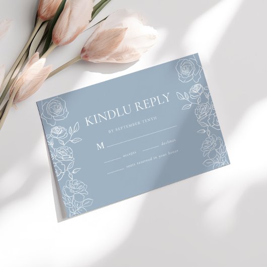 Moderne Dusty Blue French Rose Hochzeit RSVP Karte
