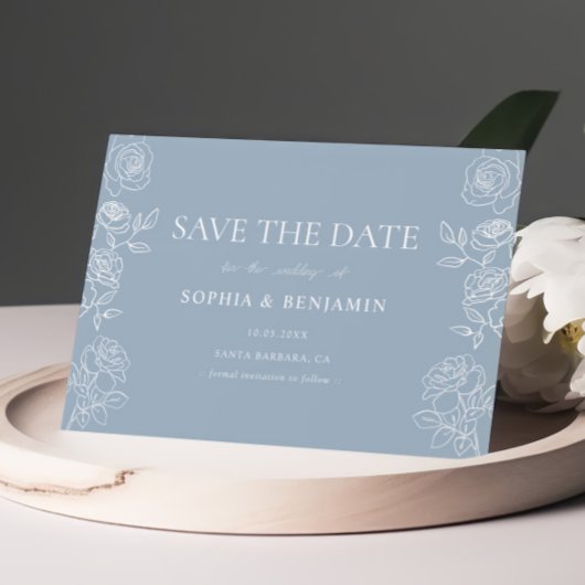 Moderne Dusty Blue French Rose Hochzeit Save The Date