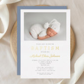 Moderne Dusty Blue Gold Script Foto Boy Taufe Folieneinladung