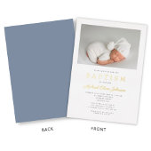 Moderne Dusty Blue Gold Script Foto Boy Taufe Folieneinladung
