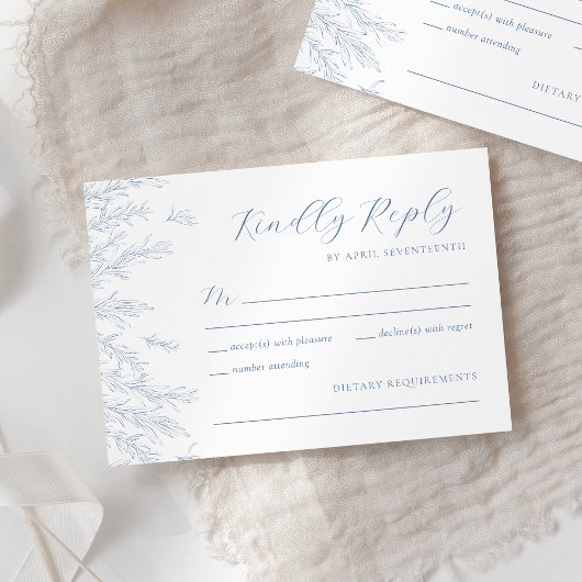 Moderne Dusty Blue Minimal Blätter Hochzeit RSVP Karte