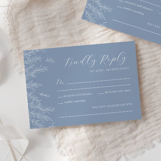 Moderne Dusty Blue Minimal Blätter Hochzeit RSVP Karte