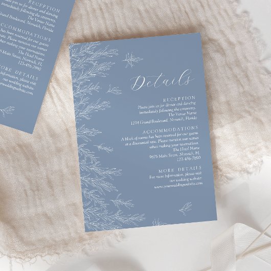 Moderne Dusty Blue Minimal Blätter Hochzeiten Deta Begleitkarte
