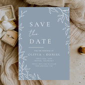 Moderne Dusty Blue Minimal Leafy Wedding Save The Date