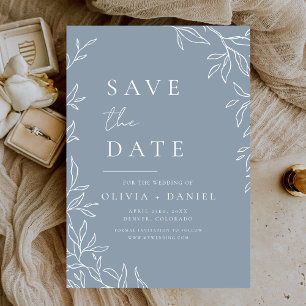 Moderne Dusty Blue Minimal Leafy Wedding Save The Date