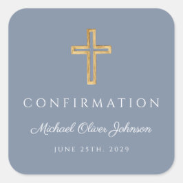 Moderne Dusty Blue Religious Cross Boy Bestätigung Quadratischer Aufkleber