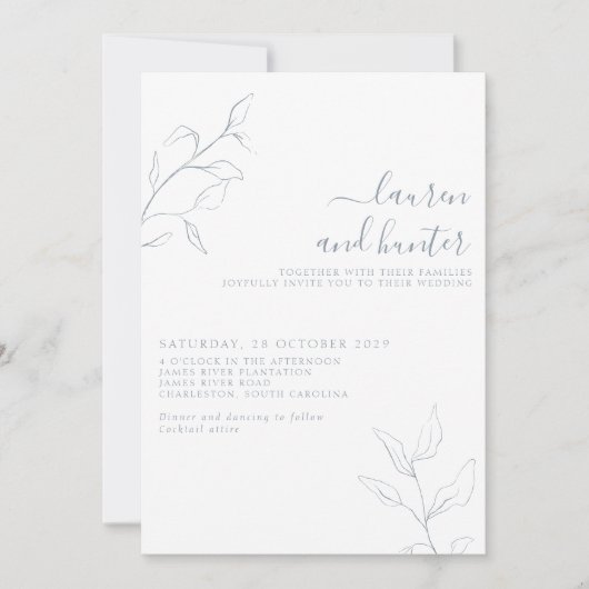 Moderne dusty Blue Script Botanical Foto Wedding Einladung (Vorderseite)