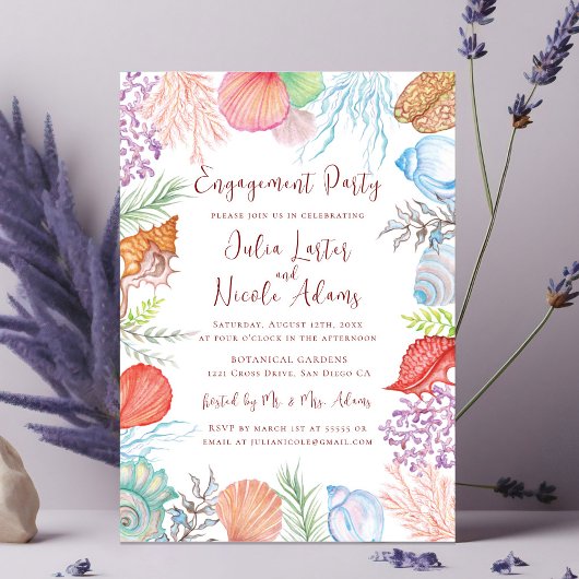 Moderne Dusty Blue Sea Muschel Beach Engagement Pa Einladung