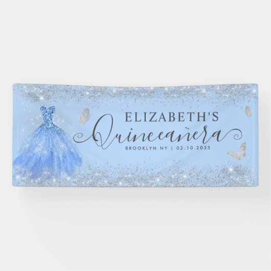 Moderne Dusty Blue Silver Gown Quinceañera Willkom Banner (Horizontal)