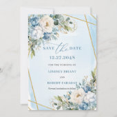 Moderne Dusty Blue White Gold Blume Save the Date Einladung (Vorderseite)