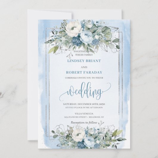 Moderne Dusty Blue White Silver Rose Hochzeit Einladung (Vorderseite)