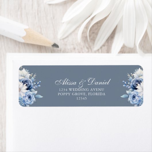 Moderne Dusty Blue Wildblumen Hochzeitsadresse (Insitu)