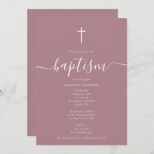 Moderne dusty Blush Rose Rosa Christening Taufe Einladung (Vorne/Hinten)