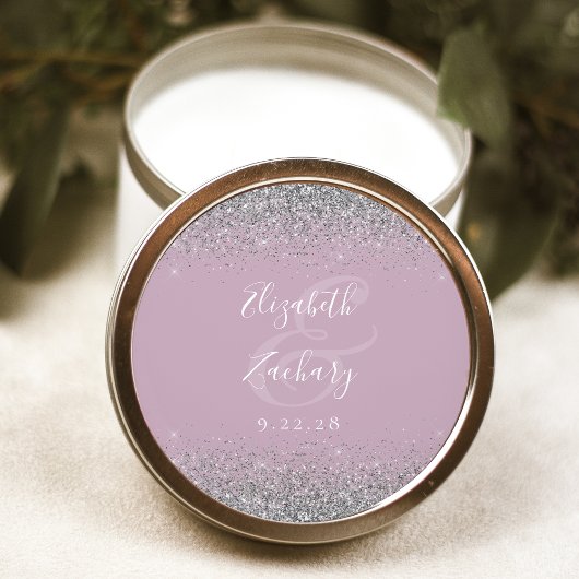 Moderne Dusty Lilac Silver Glitzer Edge Wedding Runder Aufkleber