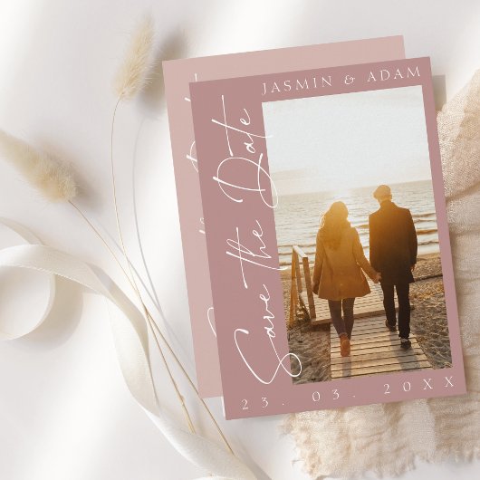 Moderne dusty Pink Script Foto Hochzeit Save The Date