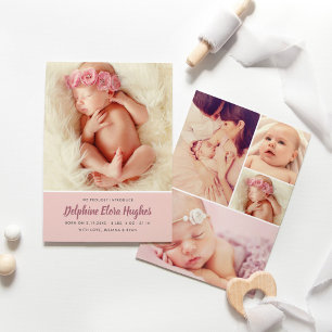 Moderne Dusty Rose Baby Girl Foto Collage Geburt Ankündigung