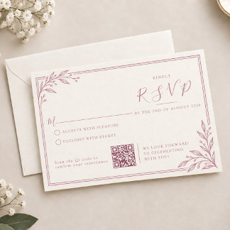 Moderne Dusty Rose Blätter Rand QR-Code Hochzeit RSVP Karte