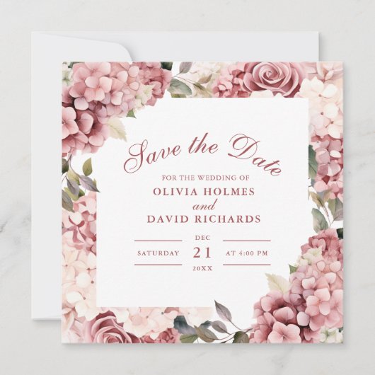 Moderne Dusty Rose Hydrangea Wedding Save The Date (Vorderseite)