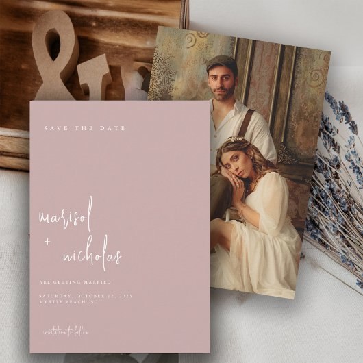 Moderne Dusty Rose Minimalistisches Foto Hochzeit Save The Date