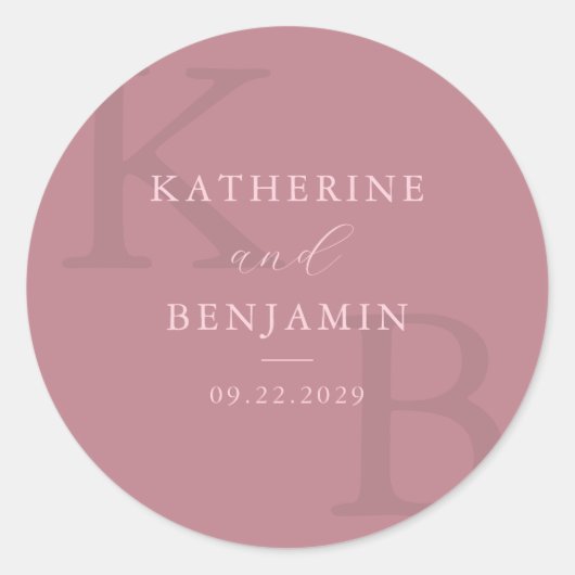 Moderne Dusty Rose Monogram Minimalistisch Wedding Runder Aufkleber (Vorderseite)