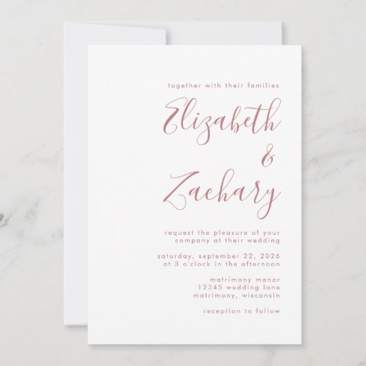 Moderne dusty Rose Script Wedding Einladung (Vorderseite)
